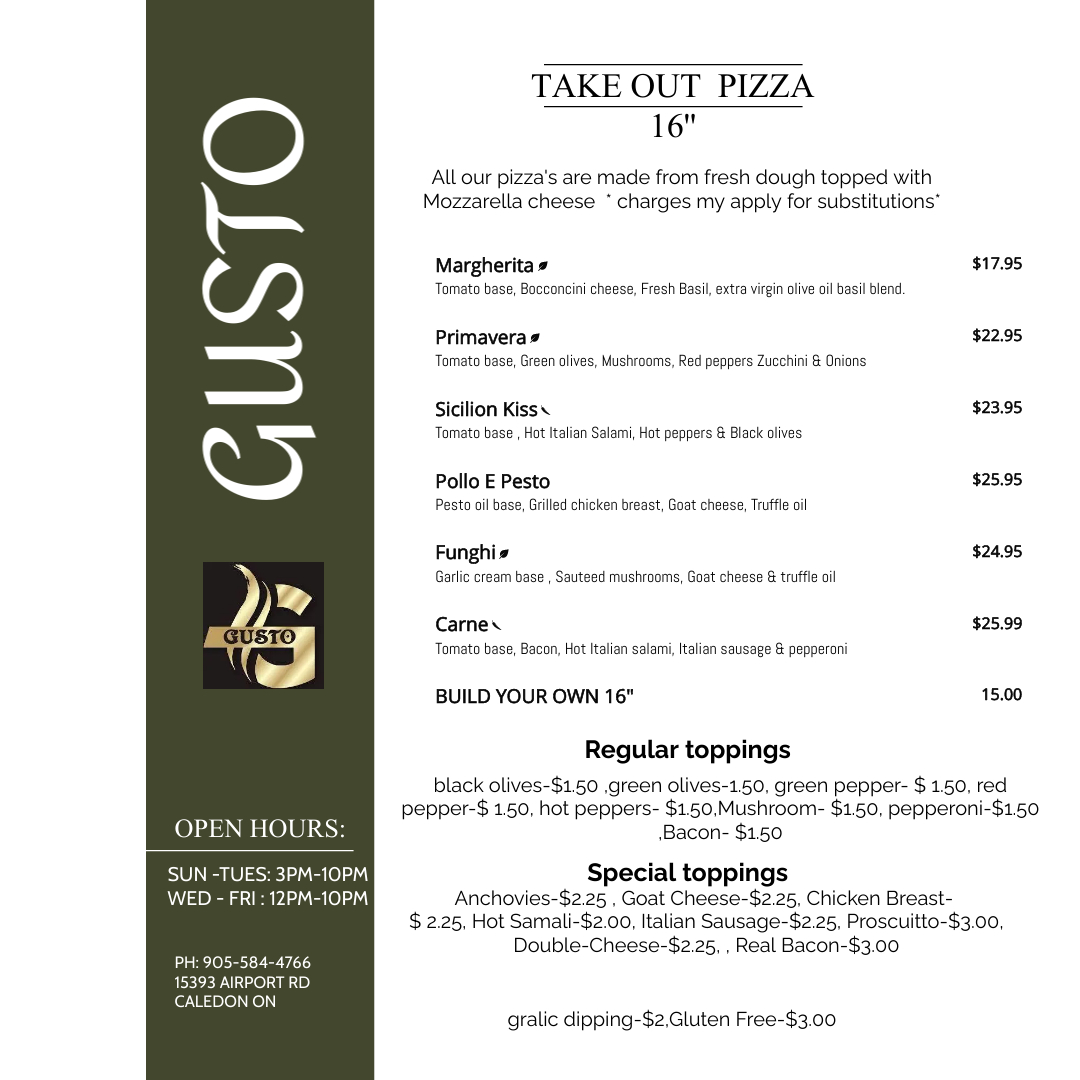 PIZZA at Gusto bar in Caledon
